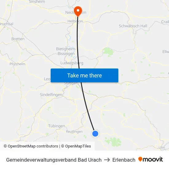 Gemeindeverwaltungsverband Bad Urach to Erlenbach map