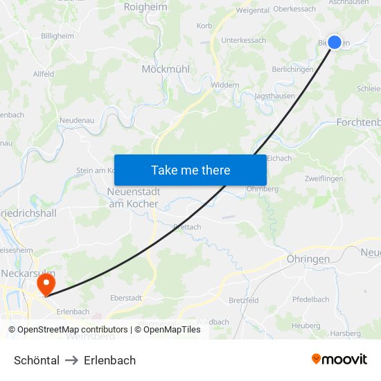 Schöntal to Erlenbach map