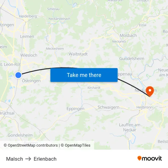 Malsch to Erlenbach map