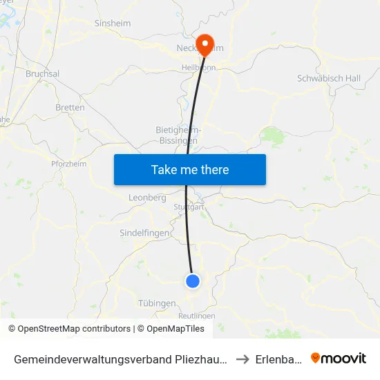 Gemeindeverwaltungsverband Pliezhausen to Erlenbach map