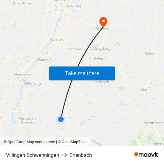 Villingen-Schwenningen to Erlenbach map