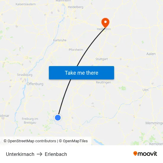Unterkirnach to Erlenbach map