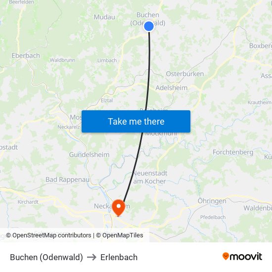Buchen (Odenwald) to Erlenbach map