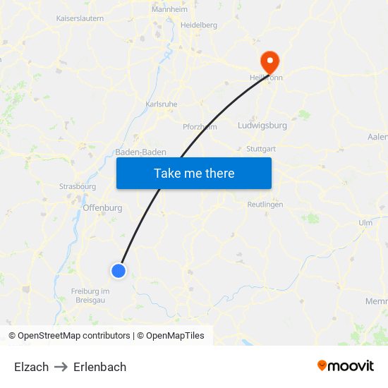 Elzach to Erlenbach map