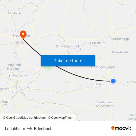 Lauchheim to Erlenbach map