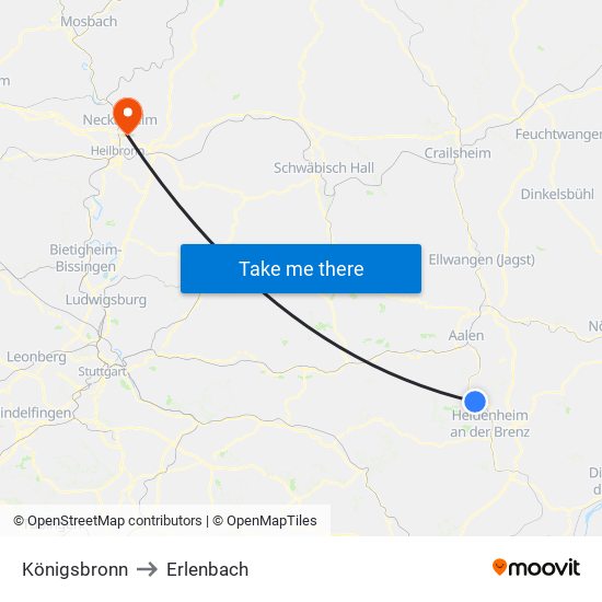 Königsbronn to Erlenbach map