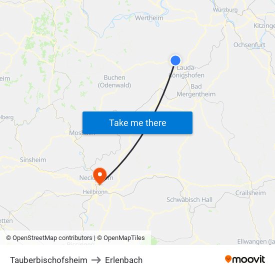 Tauberbischofsheim to Erlenbach map