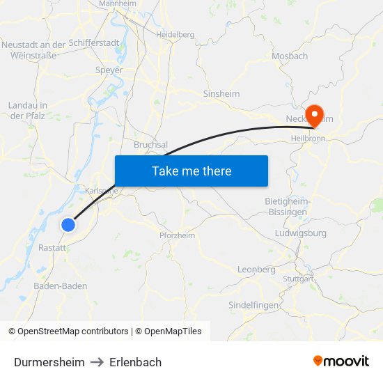 Durmersheim to Erlenbach map