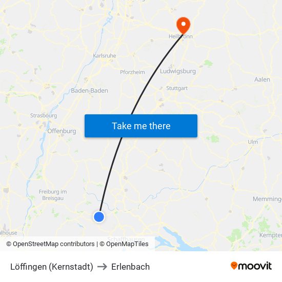 Löffingen (Kernstadt) to Erlenbach map