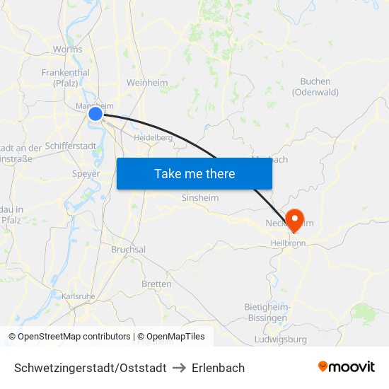 Schwetzingerstadt/Oststadt to Erlenbach map