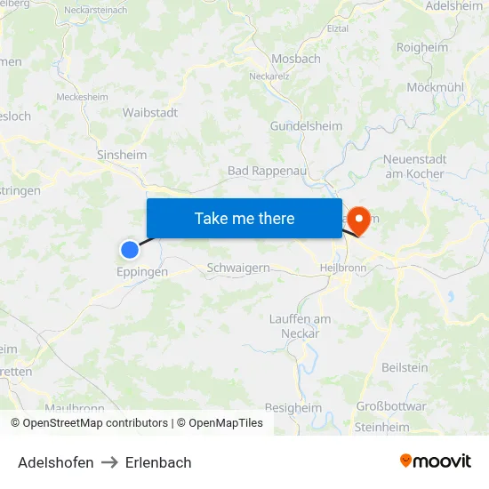 Adelshofen to Erlenbach map