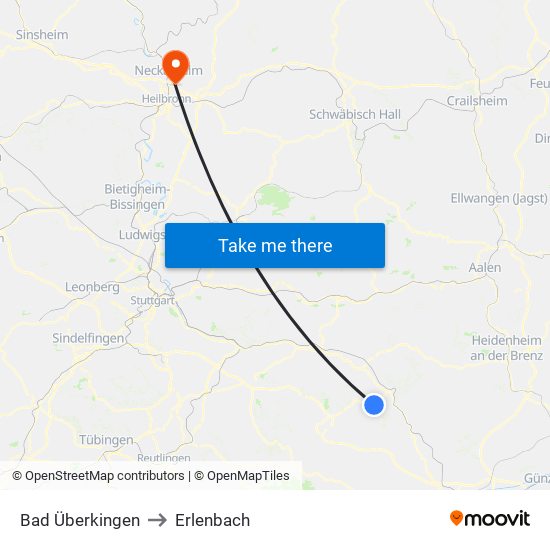 Bad Überkingen to Erlenbach map