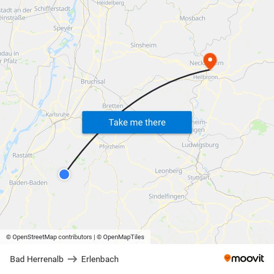 Bad Herrenalb to Erlenbach map