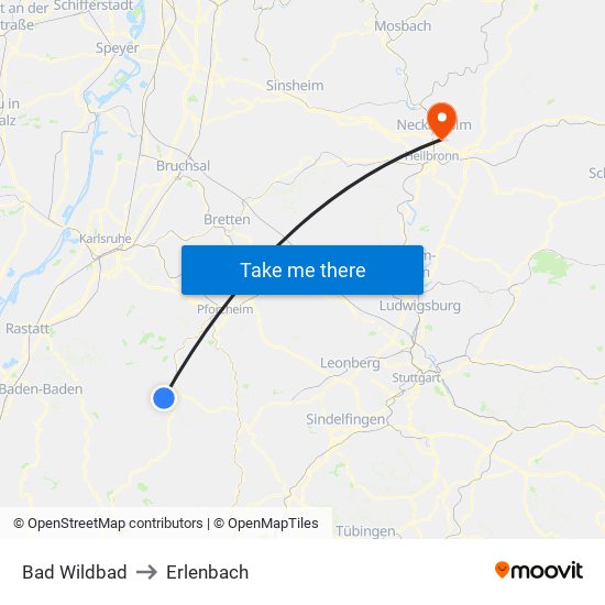 Bad Wildbad to Erlenbach map