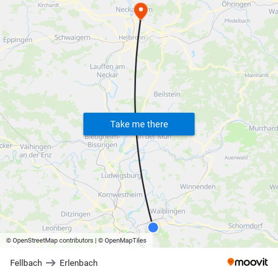 Fellbach to Erlenbach map