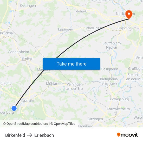 Birkenfeld to Erlenbach map