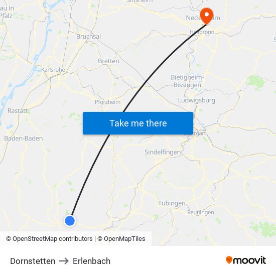 Dornstetten to Erlenbach map