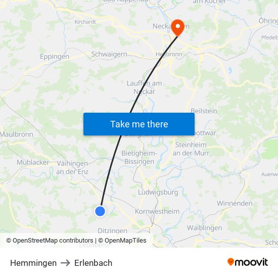 Hemmingen to Erlenbach map