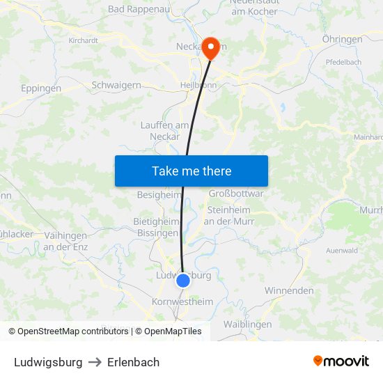 Ludwigsburg to Erlenbach map