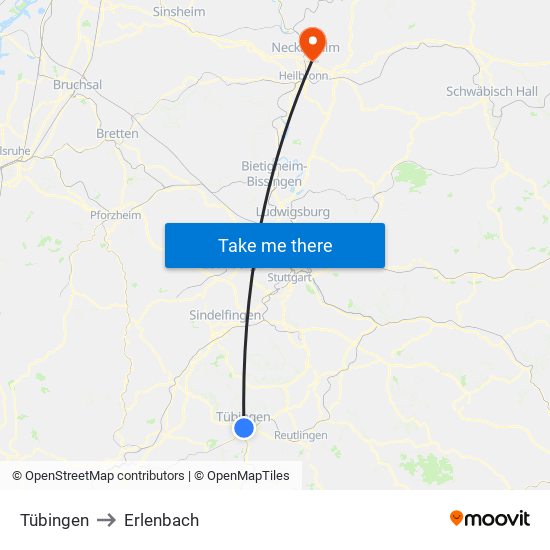 Tübingen to Erlenbach map