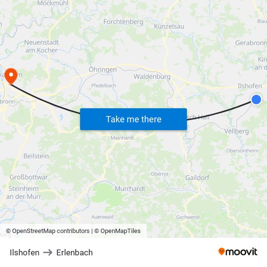 Ilshofen to Erlenbach map