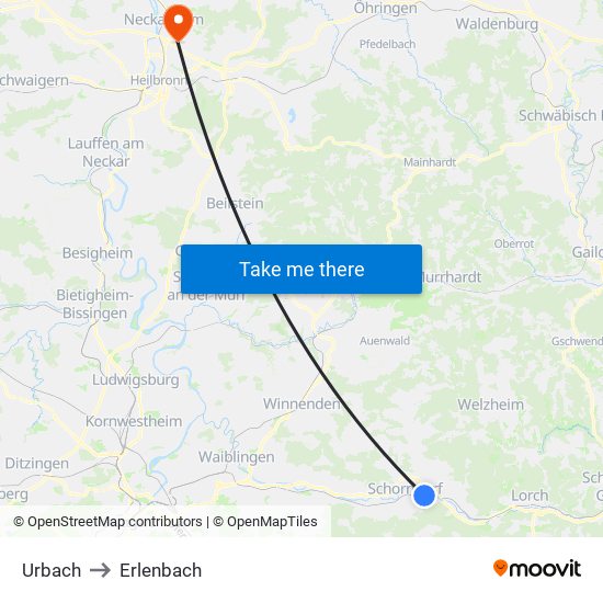 Urbach to Erlenbach map