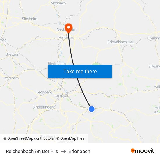 Reichenbach An Der Fils to Erlenbach map