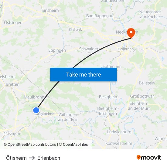 Ötisheim to Erlenbach map
