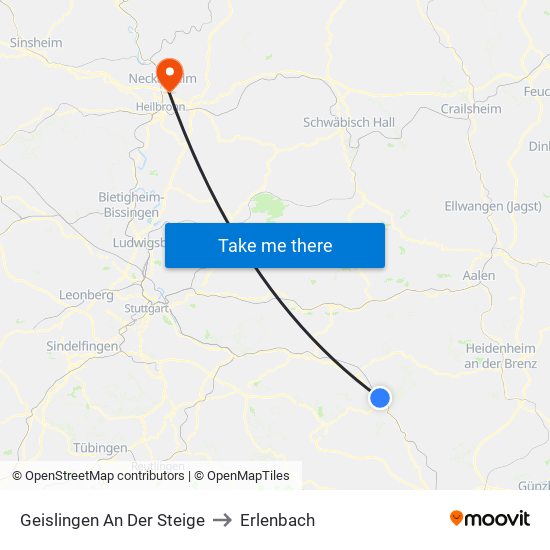 Geislingen An Der Steige to Erlenbach map