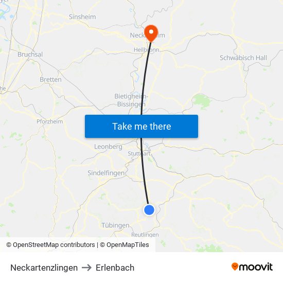 Neckartenzlingen to Erlenbach map