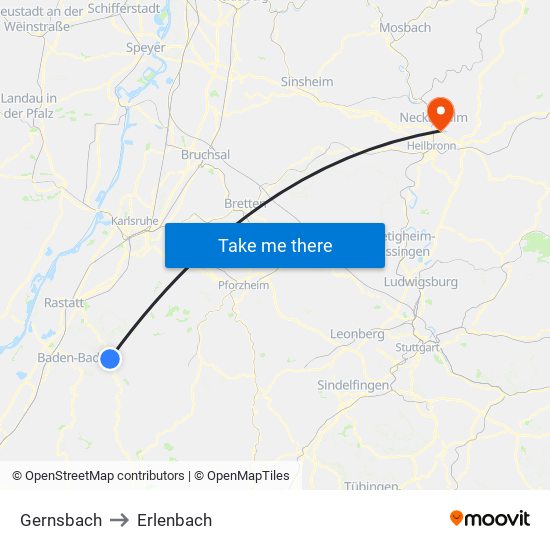 Gernsbach to Erlenbach map