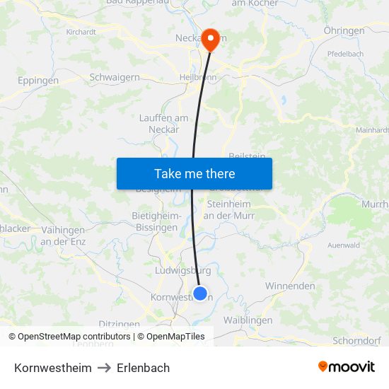 Kornwestheim to Erlenbach map