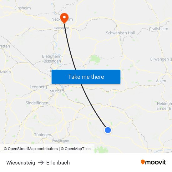 Wiesensteig to Erlenbach map