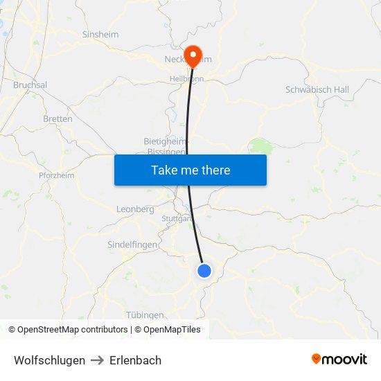 Wolfschlugen to Erlenbach map