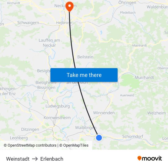 Weinstadt to Erlenbach map
