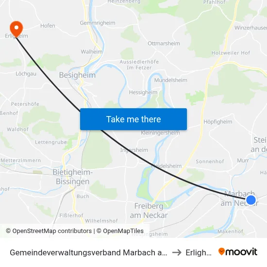 Gemeindeverwaltungsverband Marbach am Neckar to Erligheim map