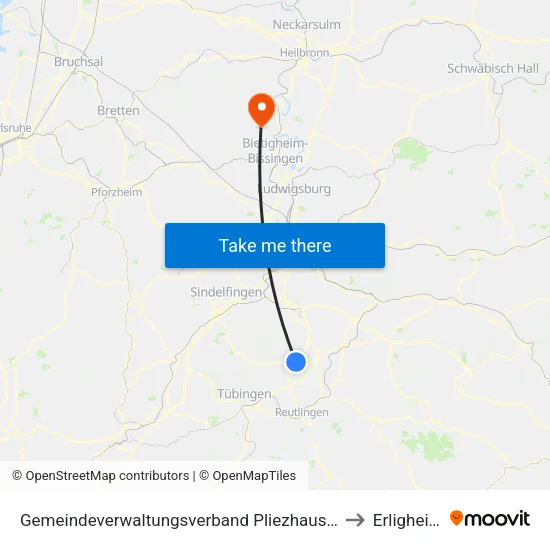 Gemeindeverwaltungsverband Pliezhausen to Erligheim map