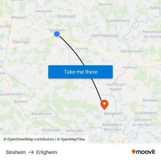 Sinsheim to Erligheim map
