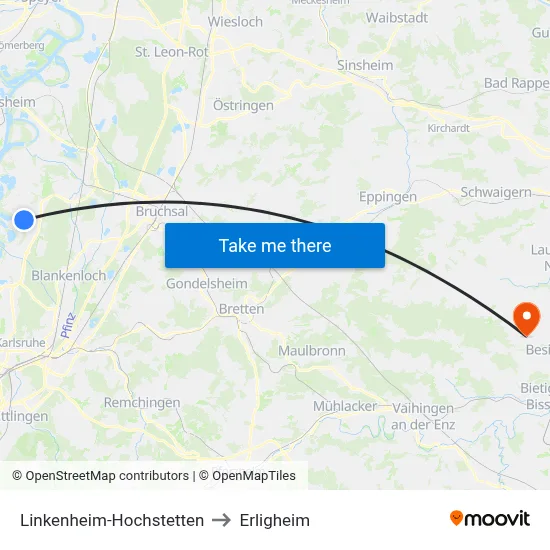 Linkenheim-Hochstetten to Erligheim map