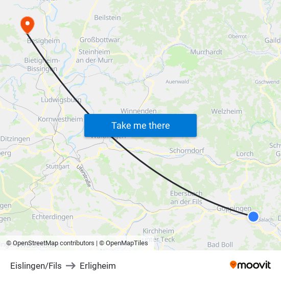 Eislingen/Fils to Erligheim map