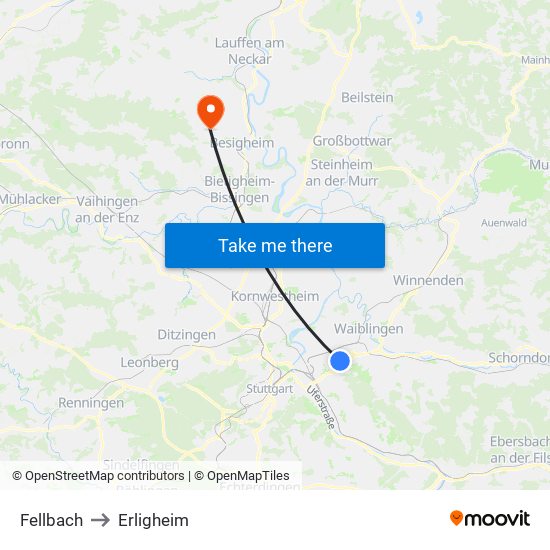 Fellbach to Erligheim map