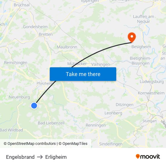 Engelsbrand to Erligheim map
