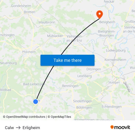 Calw to Erligheim map