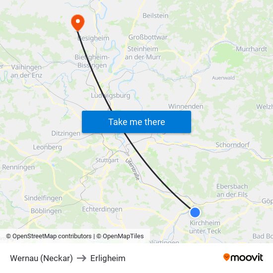 Wernau (Neckar) to Erligheim map