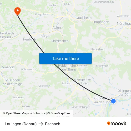 Lauingen (Donau) to Eschach map