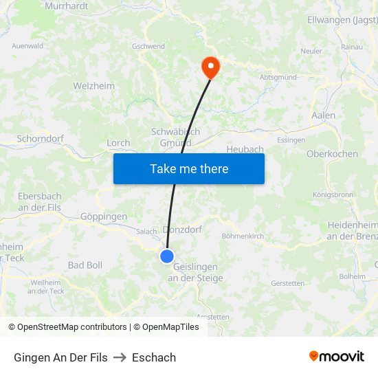 Gingen An Der Fils to Eschach map