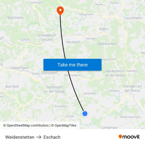 Weidenstetten to Eschach map