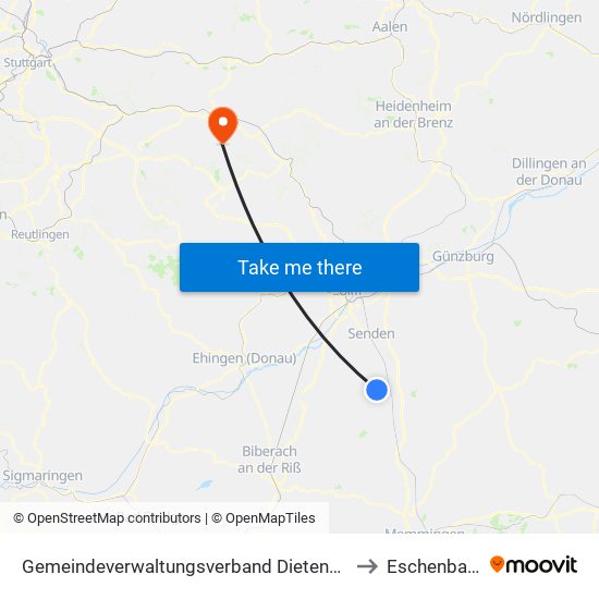 Gemeindeverwaltungsverband Dietenheim to Eschenbach map