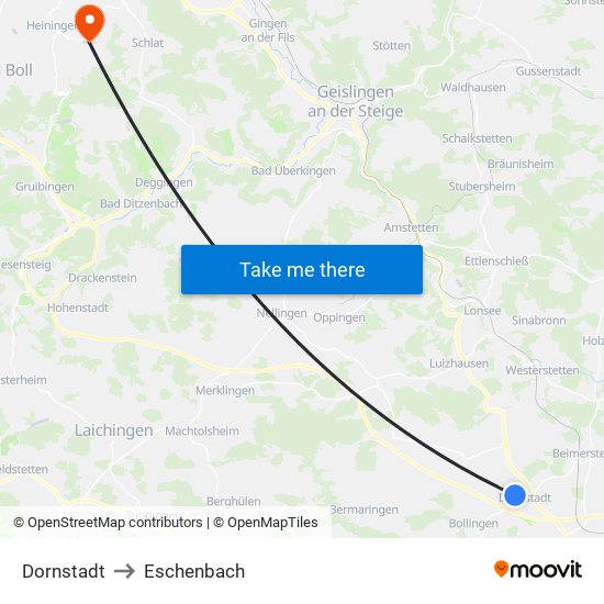 Dornstadt to Eschenbach map
