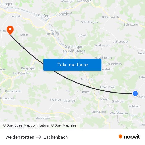 Weidenstetten to Eschenbach map